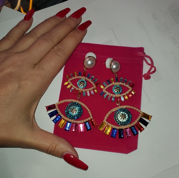 Large Rhinestone and Pearl Eye Dangle Earrings RAINBOW STATEMENT PARTY BOHO - Picture 3 of 3